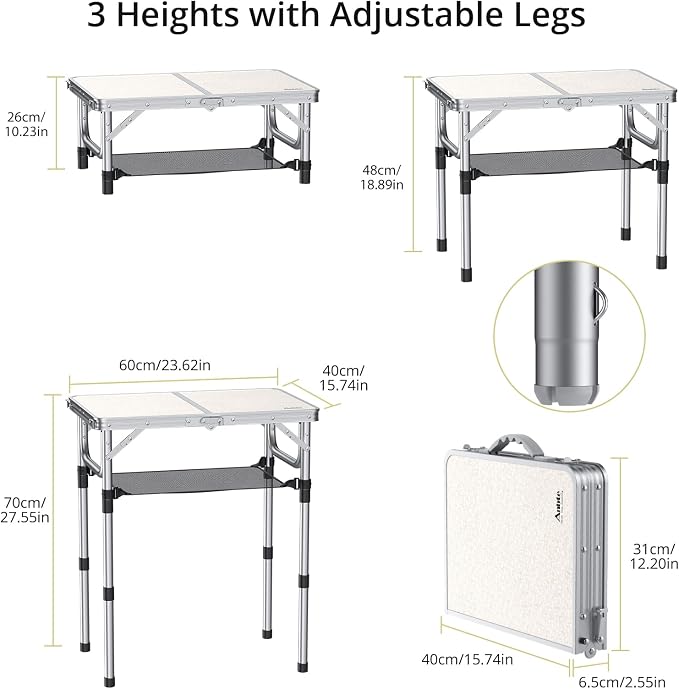Anbte Folding Camping Table, Aluminum 24" x 16" Adjustable Height Small Folding - Image 3