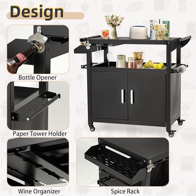 Outdoor Grill Prep Table Storage Cabinets Rolling Bar Grill Cart - Image 3