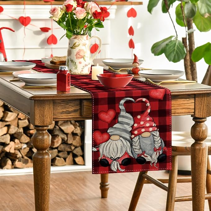 Artoid Mode Red Black Buffalo Plaid Heart Gnomes Love Valentine's Table Runner - Image 3
