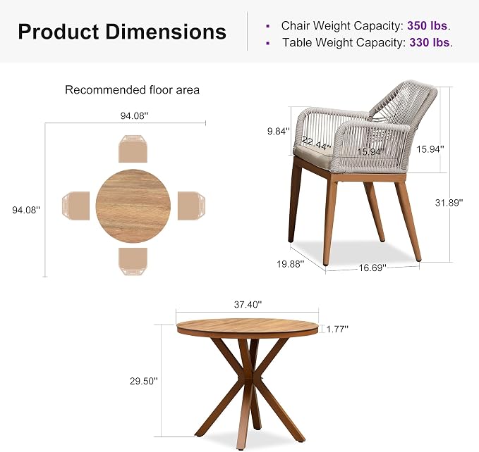 PURPLE LEAF 5 Pieces Patio Round Dining Set Aluminum Round Table and Rattan Arm - Image 9