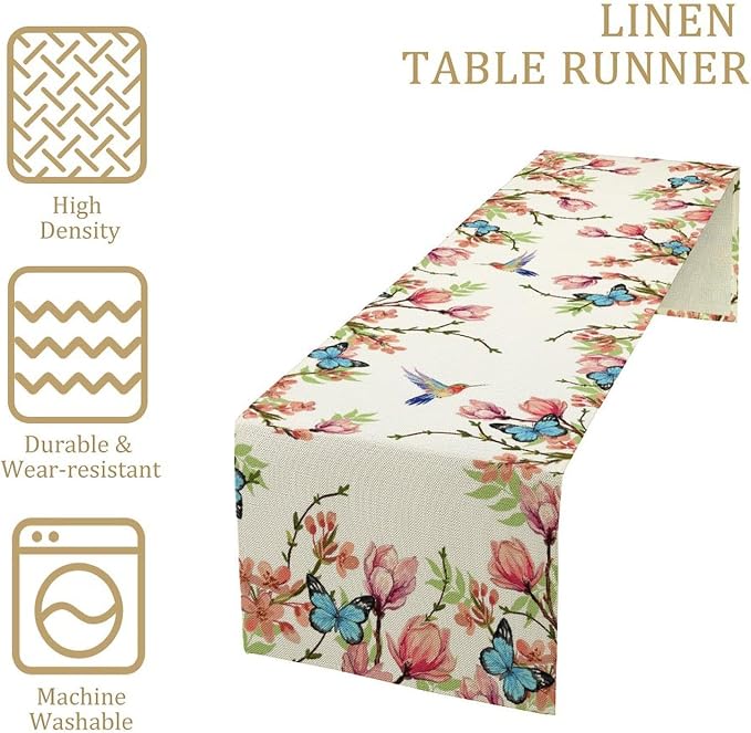 Spring Flower Table Runner, Seasonal Rustic Garden Flowers Bird Butterfly Print - Image 4