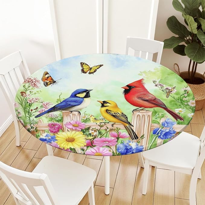 Spring Birds Floral Round Fitted Tablecloth - Image 3