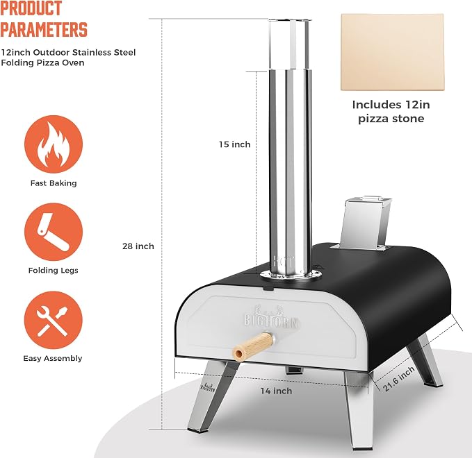 BIG HORN OUTDOORS 12" Woodfire Pizza Stone Oven, 887°F Outdoor Stainless Pizza - Image 4