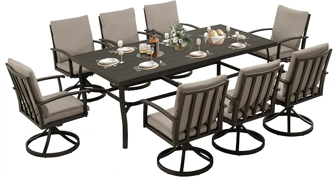 HAPPATIO Aluminum 9 Piece Patio Dining Set, Outdoor Swivel Dining Chairs and by HAPPATIO