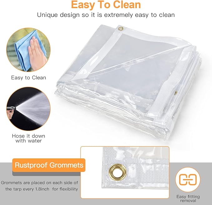 10 x 10FT Outdoor Clear Tarp Curtain Waterproof Wind-Proof 24 Mil Transparent - Image 6
