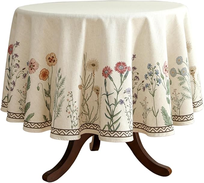 ISAENNE Designer Off White Linen Small Round Tablecloth, Floral Elegant Table by Isaennehomedecoration
