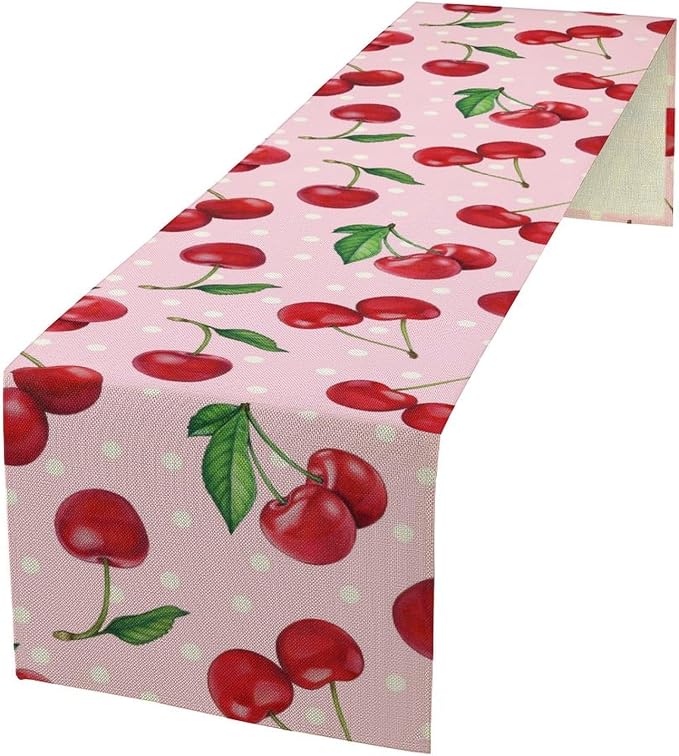 Red Cherry Table Runner, Tropical Fruit Polka Dot Print Table Runner by Unknown