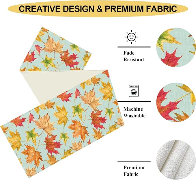 Fall Table Runner, Farmhouse Seasonal Autumn Maple Leaves Harvest Thanksgiving - Image 4