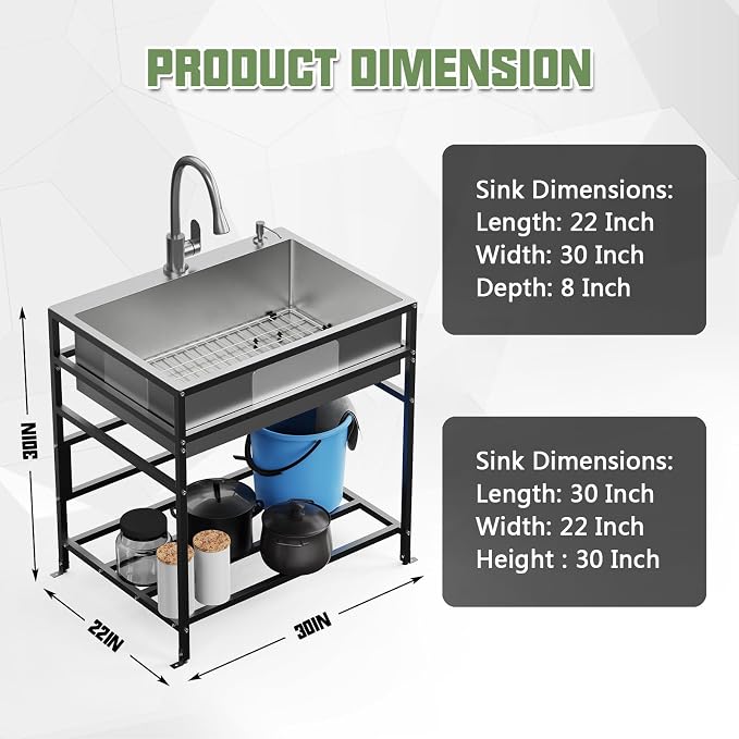 30x22 Inch Stainless Steel Utility Sink-Freestanding Laundry Sink Practicality - Image 5
