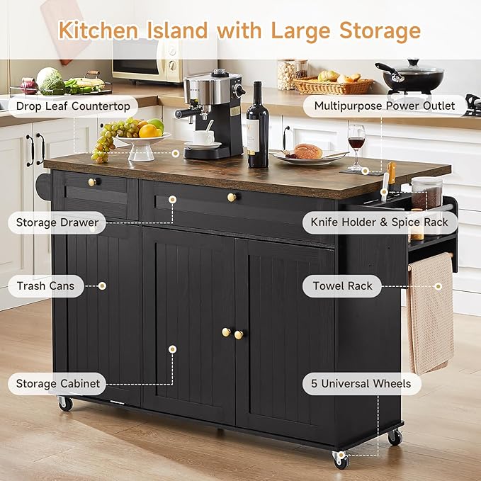60" Kitchen Island with Power Outlet & Drop Leaf, Kitchen Rolling Island with - Image 3