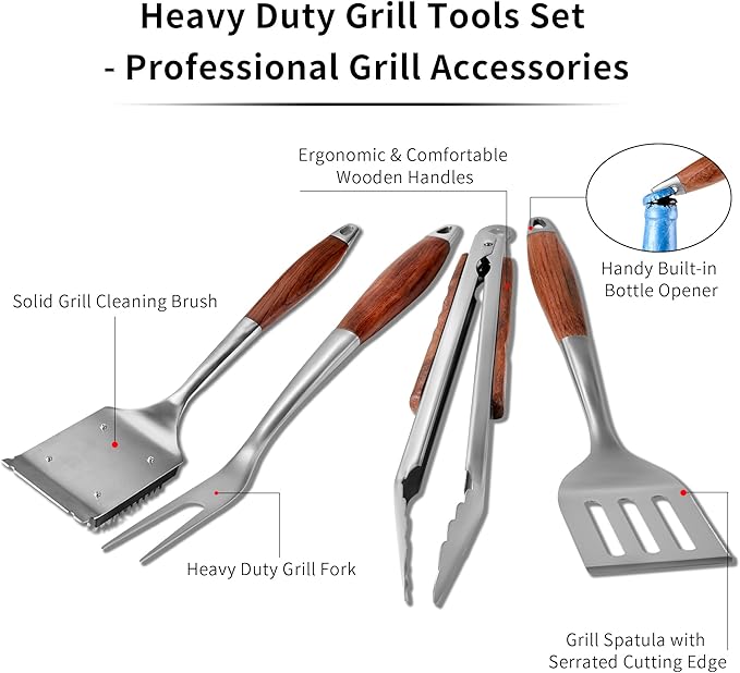 Barbecue Tool Set, 4-Piece Stainless Steel with Rosewood Handles