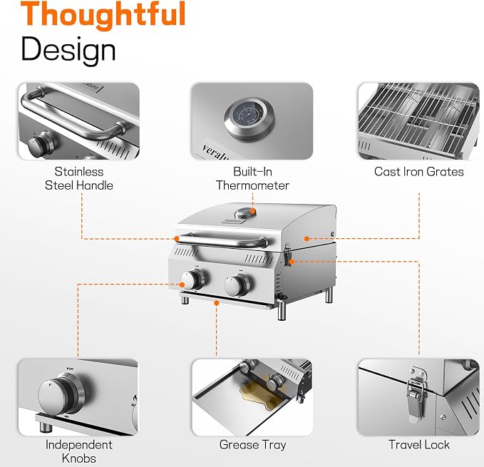 Veralune 2 Burner Tabletop Gas Grill, 000 BTUs Stainless Steel Portable Propane - Image 6