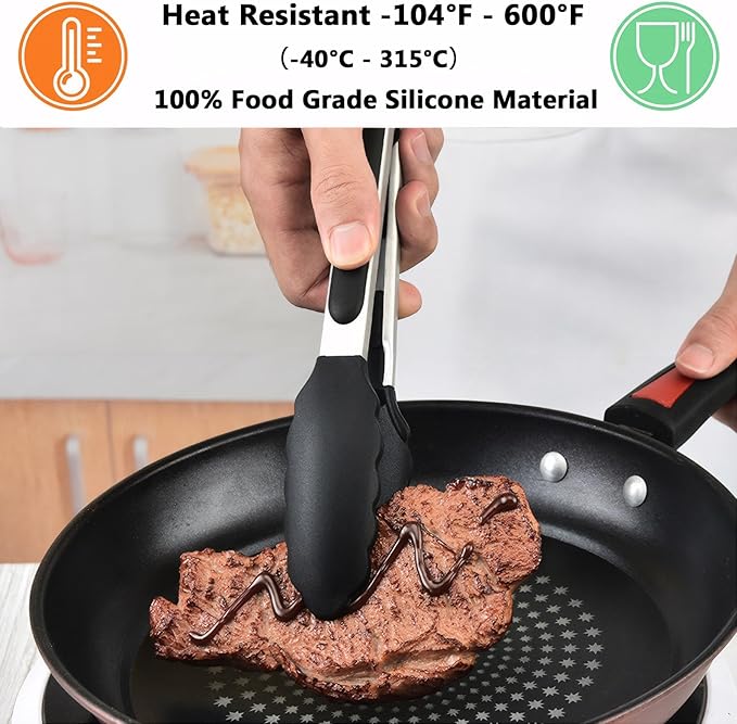 Tongs 9 and 12 Inch Black Stainless Steel with Silicone Tips