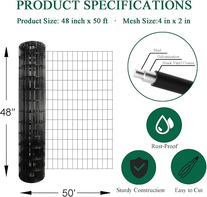Black PVC Coated Welded Wire Fence 48 Inch x 50 Foot, 2 Inch x 4 Inch 14GA - Image 3