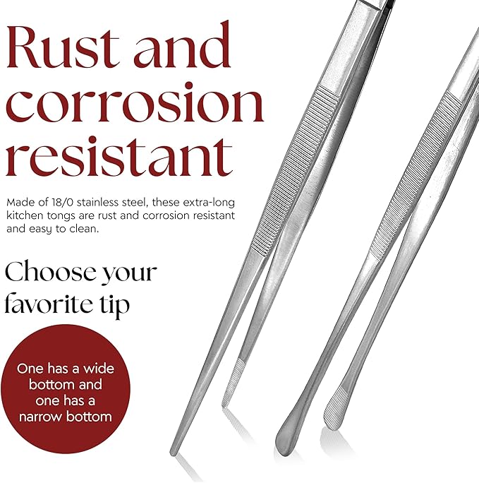 Tweezer Tongs, 12-Inch Stainless Steel with Fine and Wide Tips