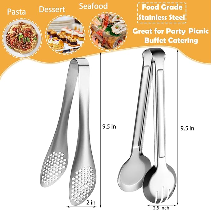 Serving Tongs 4-Pack, 9.5 Inch Stainless Steel in Silver