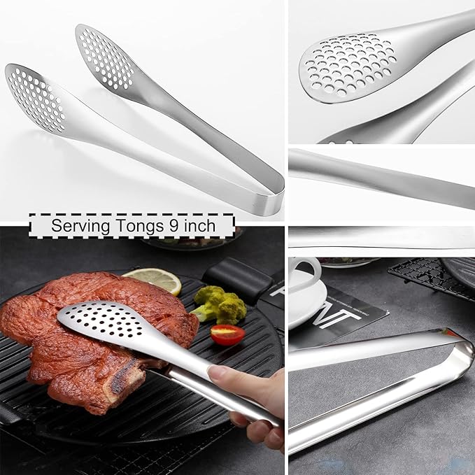 Serving Tongs 4-Pack, 9.5 Inch Stainless Steel in Silver