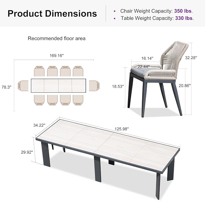 PURPLE LEAF 11 Pieces Patio Dining Set Aluminum Rectangular Table and Wicker - Image 9