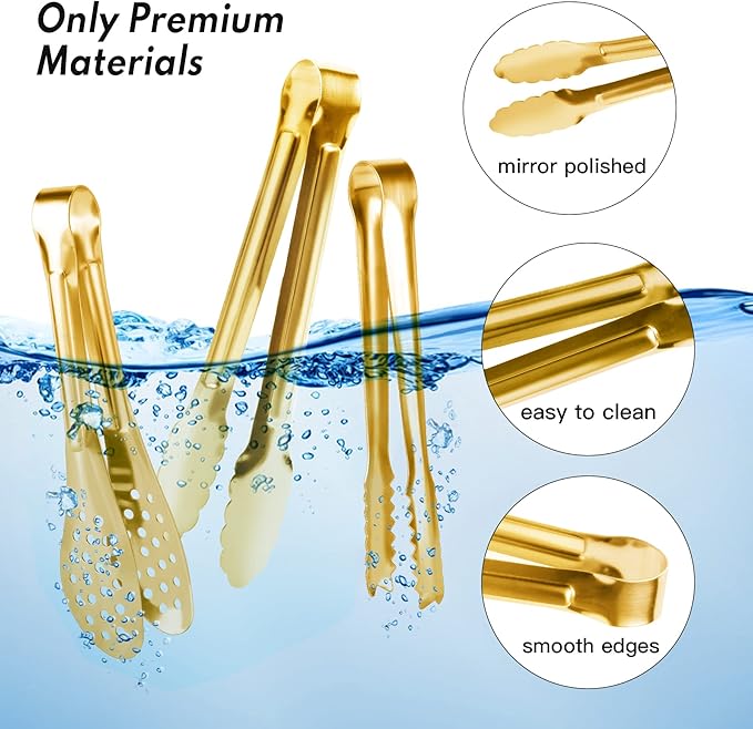 Serving Tongs 12-Piece Set, 5-Inch Gold Stainless Steel Mini Tongs