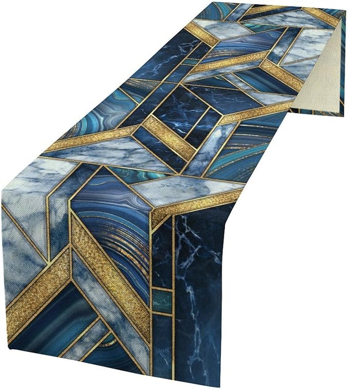 Marble Texture Table Runner, Dark Blue Gold Modern Mosaic Design Table Runner by Unknown