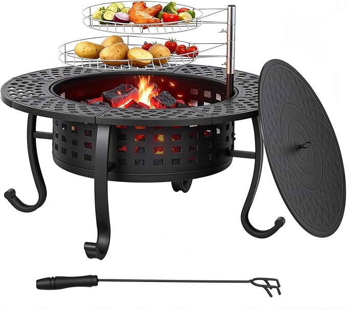 FDW 36 Inch Fire Pit with 2 Adjustable Grills, Wood Burning Outdoor Fire Pit by FDW