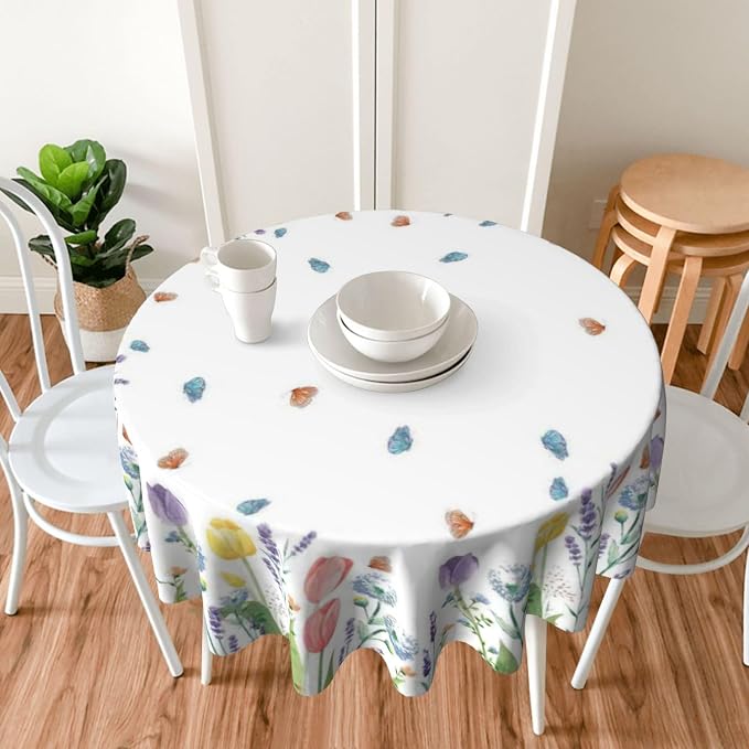 Spring Floral Round Tablecloth 70 Inch, Tulip Lavender Flower Decorative - Image 4