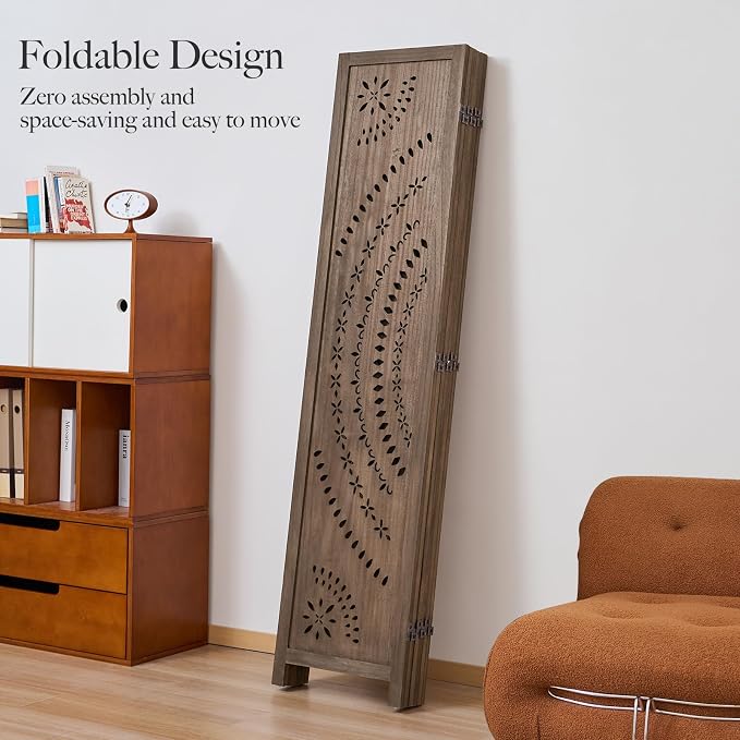 66.9Inch Folding Room Divider, 6 Panels Wood Carved Privacy Screens Free - Image 4