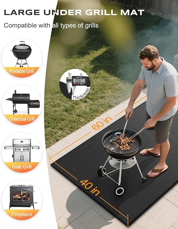 Under Grill Mat, 60 x 40 Inch Black Fiberglass Silicone-Coated Pad