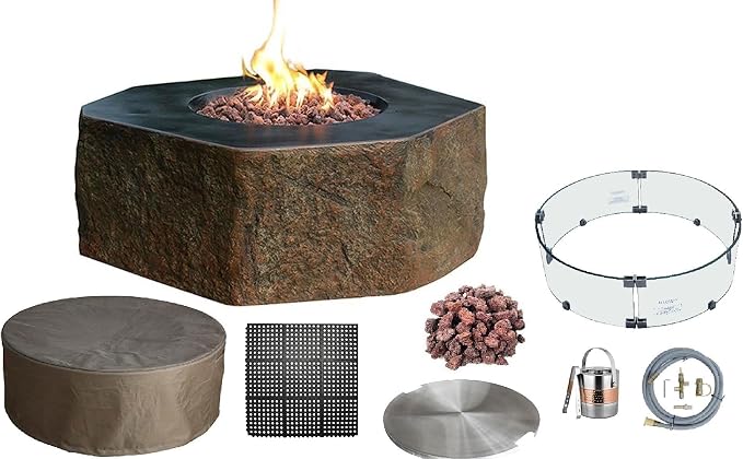 Elementi | Bundle Columbia Gas Fire Pit Cast Concrete Semi-Round Fire Table by AMSFireplaceInc