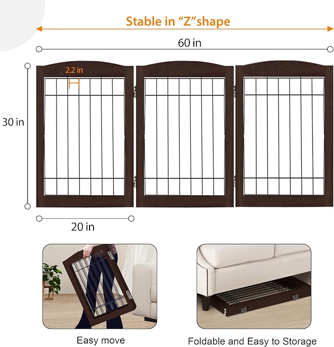 LZRS 3-Panel Freestanding Adjustable Wooden Dog Gate—30" Tall Foldable Pet - Image 5