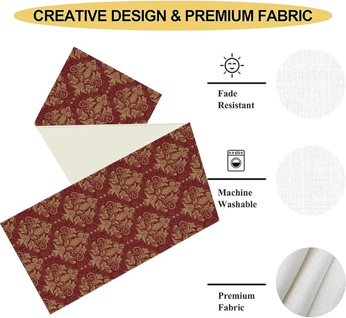 Red Damask Table Runner, Rustic Gothic Baroque Style Floral Boho Flower Antique - Image 5