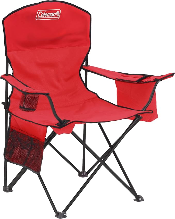 Folding Chair in Red with Armrest Cooler and 325 lb Steel Frame