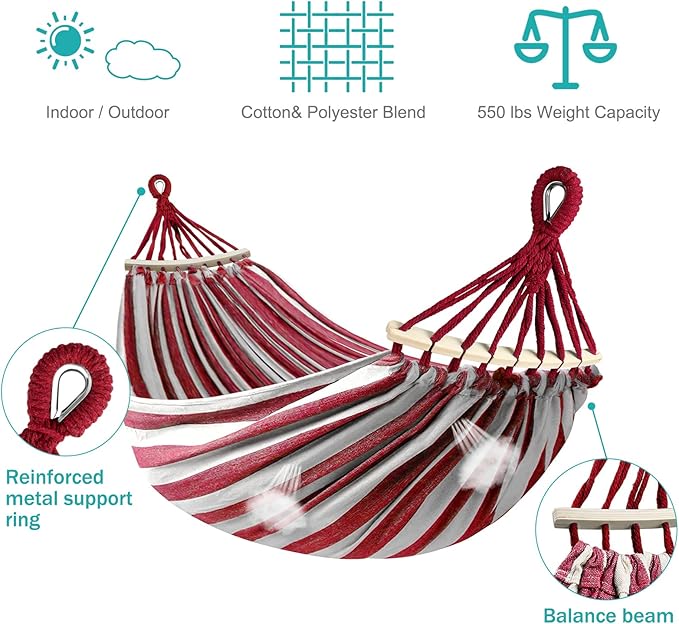 Camping Hammock, 320G Canvas, 550 lb Capacity, Red and White