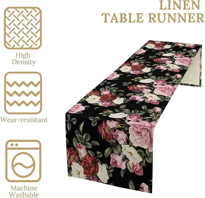 Gothic Floral Table Runner, Vintage Pink Red Rose Flower Print Table Runner - Image 5