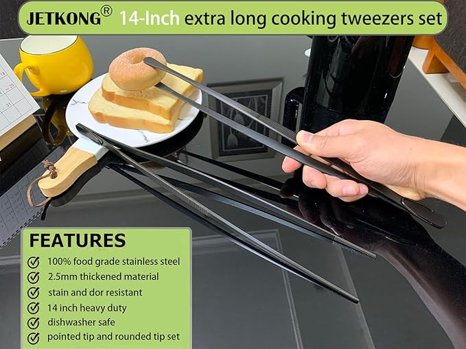 Tongs, 14-Inch Stainless Steel Black 2-Pack for Grilling and Cooking