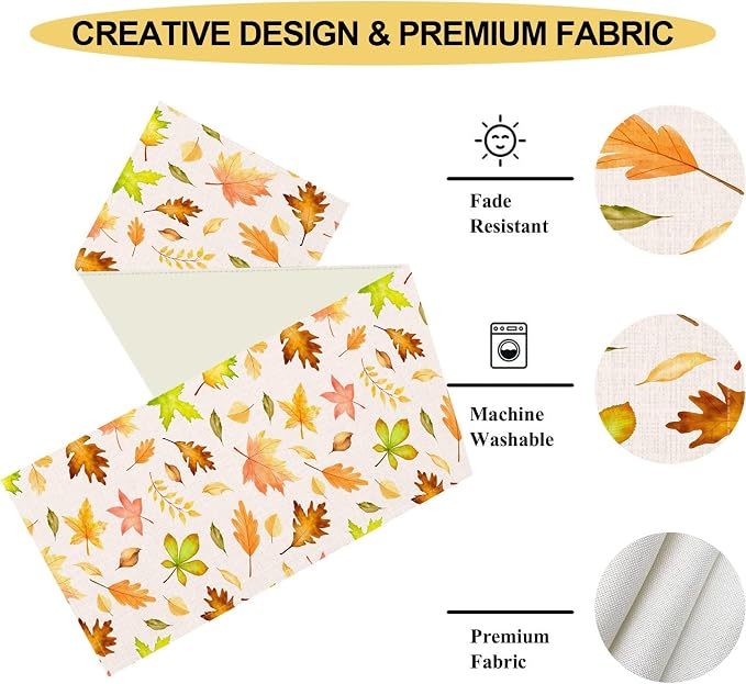 Fall Table Runner, Farmhouse Seasonal Autumn Maple Leaves Harvest Thanksgiving - Image 4