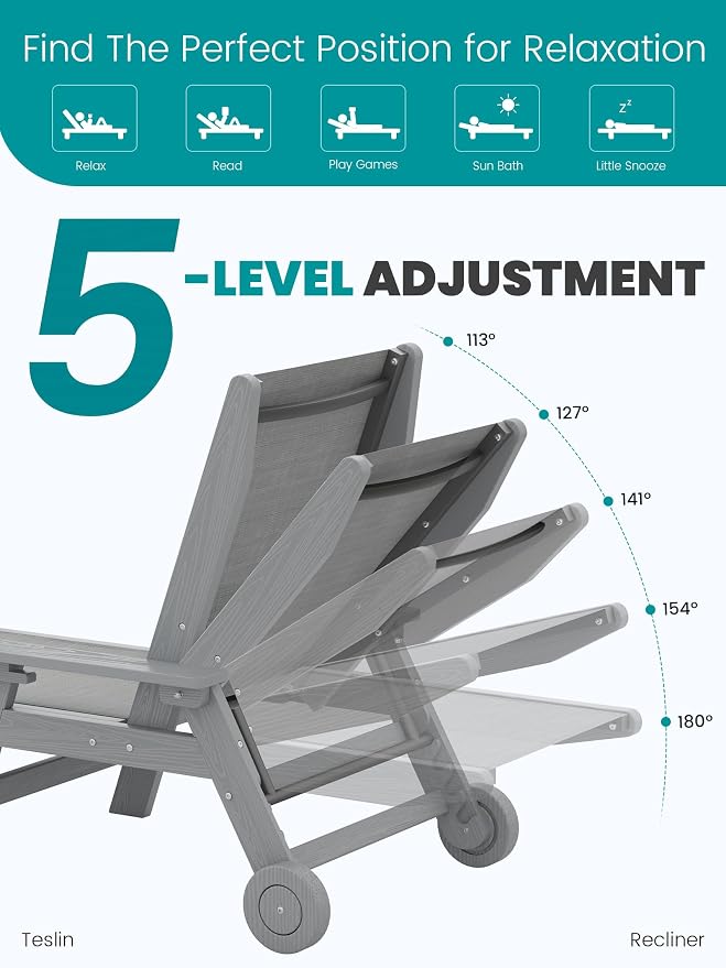 SERWALL Textilene Patio Chaise Lounge Chair Set of 2, 5 Positions Outdoor - Image 3