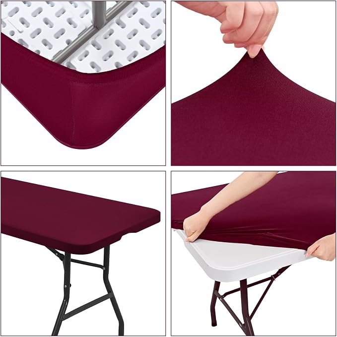 10 Pack Fitted Tablecloth for 6 Foot Rectangle Tables, Wine Red Elastic Outdoor - Image 6