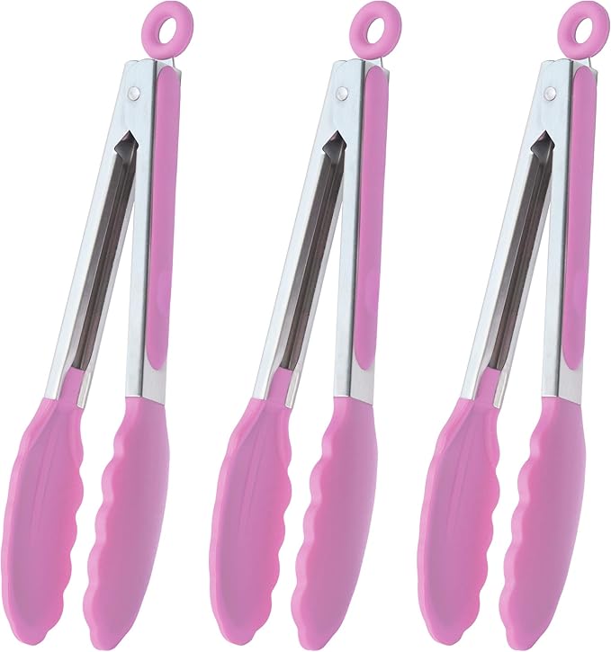 Tongs 3-Pack, 9-Inch Pink Silicone Tips with Stainless Steel Handles