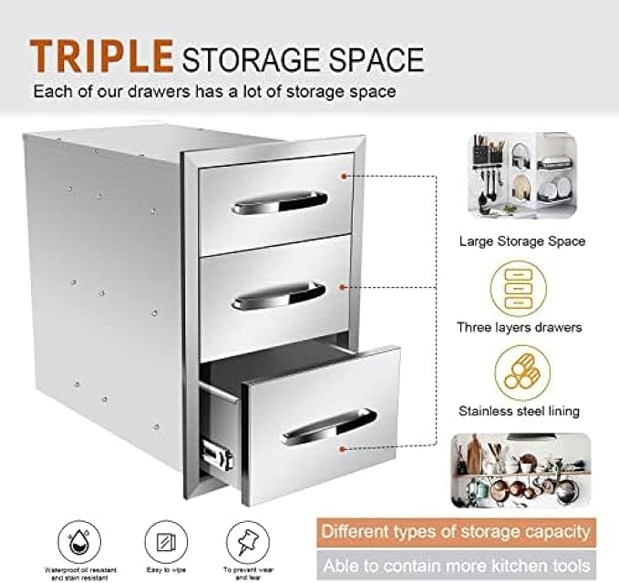 BBQ Outdoor Kitchen Drawers Stainless Steel 3-Drawer BBQ Drawer Enclosed - Image 4