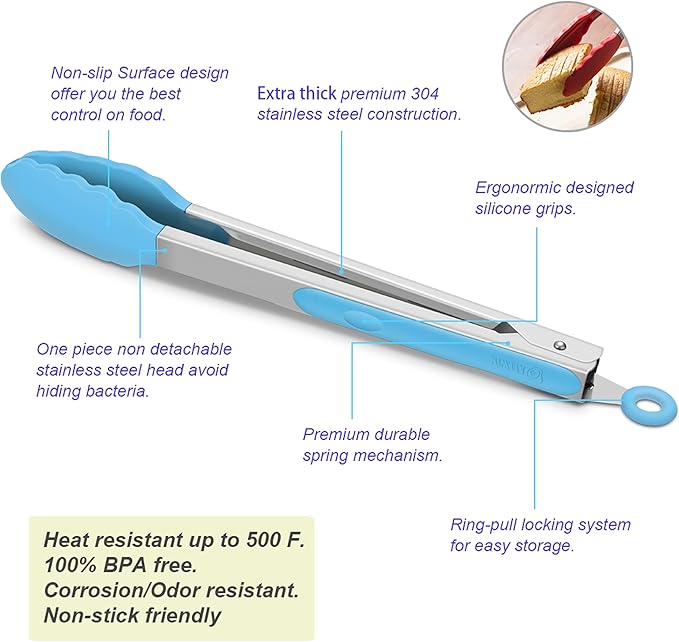 Tongs 4-Pack Blue 304 Stainless Steel Locking Grill Tongs