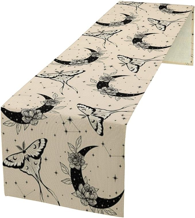 Boho Moth Table Runner, Retro Flower Moon Starlit Stars Butterfly Print Table by Unknown
