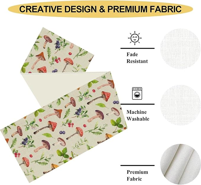 Mushroom Table Runner, Rustic Farmhouse Forest Plants Botanical Wildfloral - Image 4