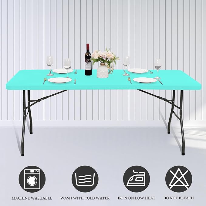 10 Pack Fitted Tablecloth for 8 Foot Rectangle Tables, Aqua Blue Elastic - Image 5