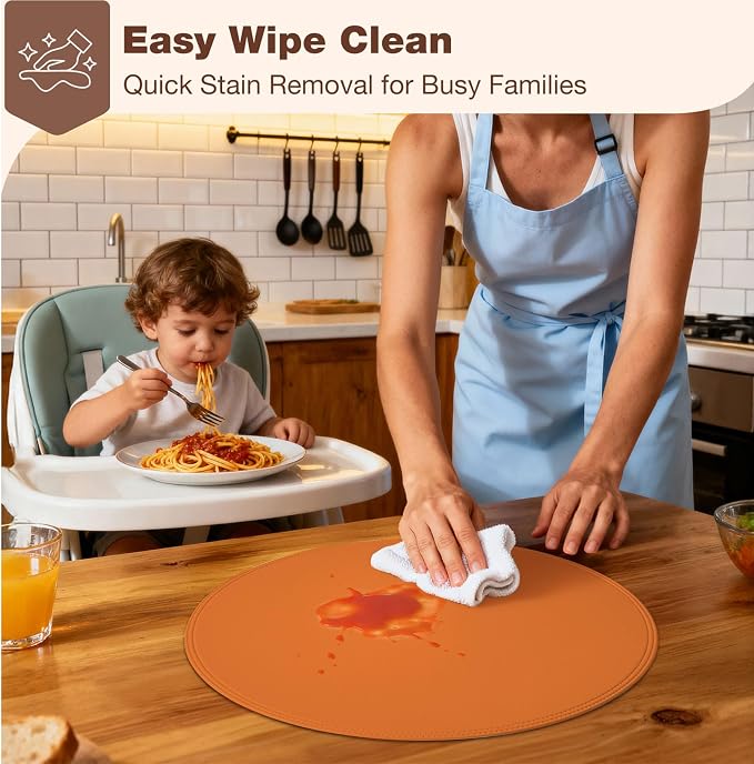 Round Vinyl Orange Placemats Set of 6, Faux Leather Waterproof Wipeable Heat - Image 3