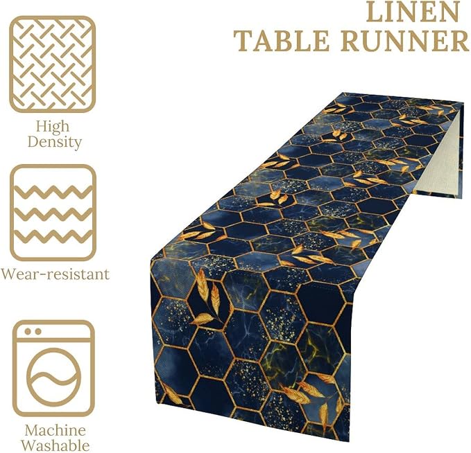 Marble Table Runner, Dark Blue Gold Modern Marble Leaf Aesthetic Geometric - Image 6