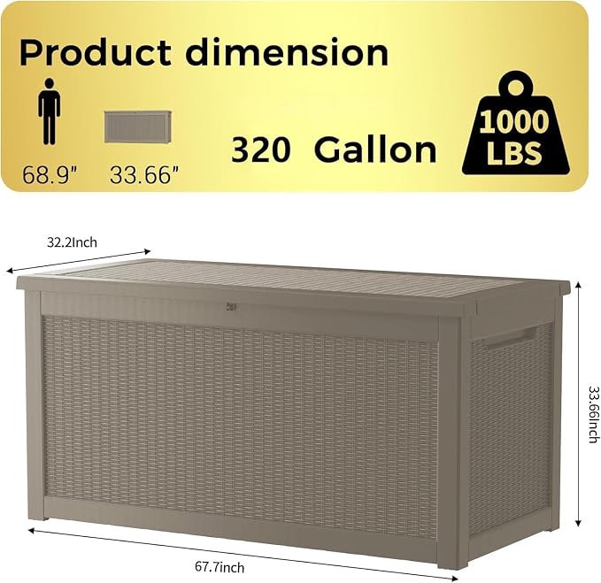 320 Gallon Resin Deck Box, Waterproof Outdoor Storage Box - Image 2