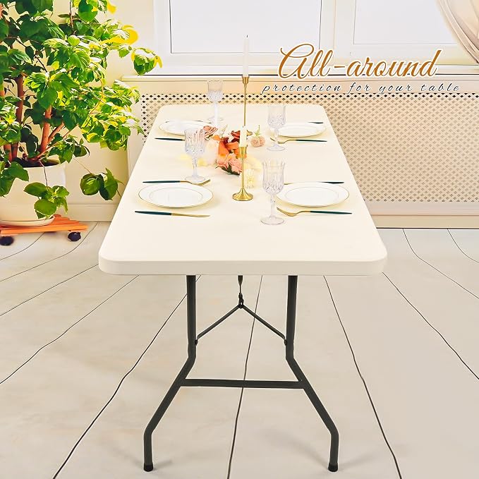 10 Pack Stretch Fabric Table Top Cap Cover, Ivory Table Covers fits 8Ft Tables - Image 6