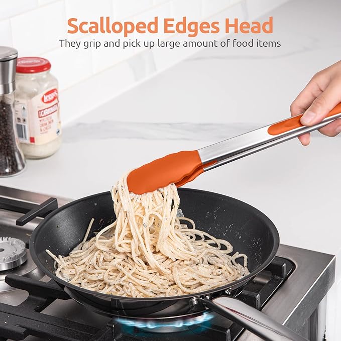 Tongs with Silicone Tips, 18/8 Stainless Steel Handles and Lock, Orange