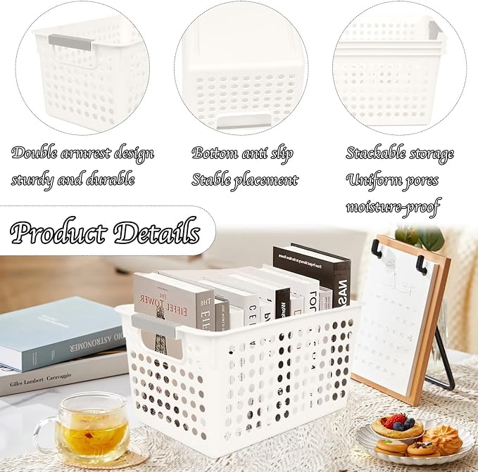 Plastic Storage Baskets, 4 Pack Narrow Organizing Baskets White Storage Bins - Image 3